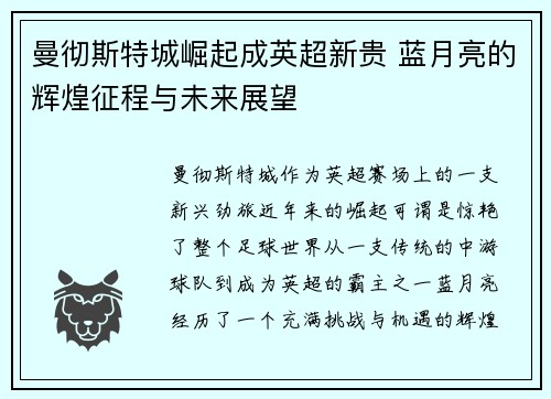 曼彻斯特城崛起成英超新贵 蓝月亮的辉煌征程与未来展望
